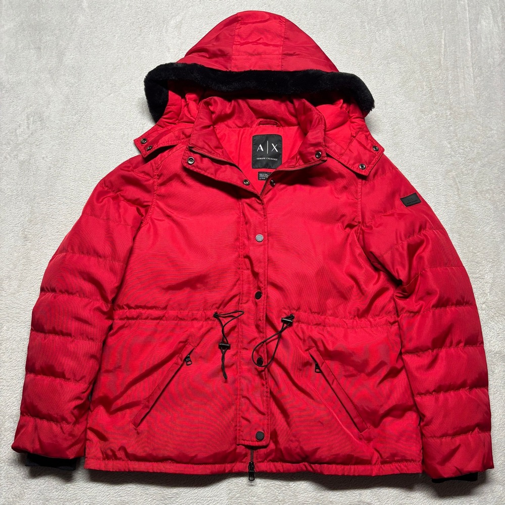 Armani Exchange Puffer Jacket Womens XL Red Faux Fur Hood Drawstrings